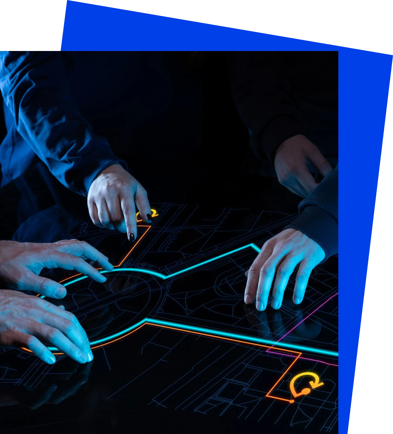 Hands interacting with digital touchscreen interface